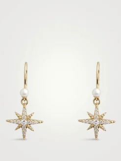 14K Gold Starburst Earrings With Diamonds And Pearls