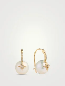 14K Gold Starburst Pearl Bead Earrings With Diamonds