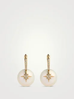 14K Gold Starburst Pearl Bead Earrings With Diamonds