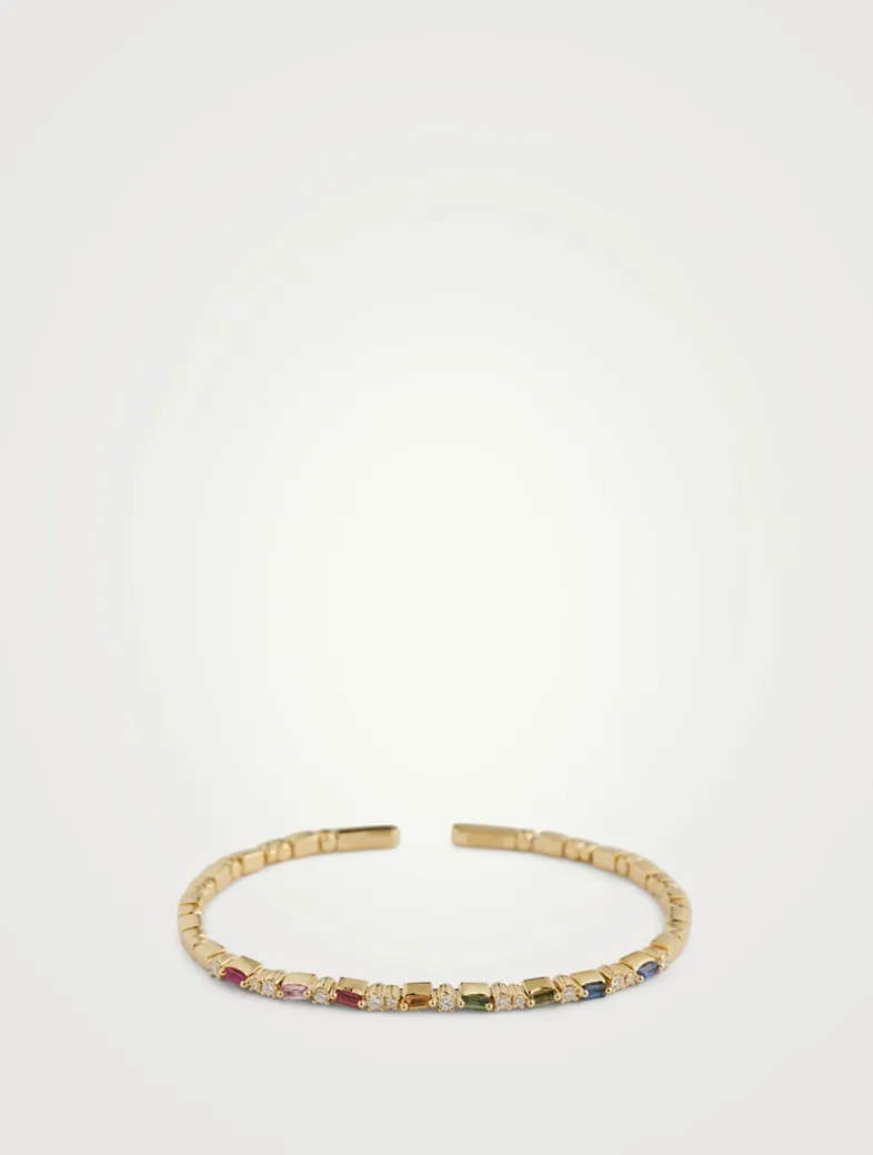 18K Gold Thin Mix Rainbow Sapphire Bangle Bracelet