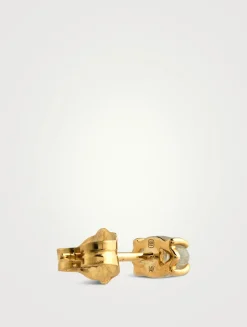 14K Gold Tiny Carved Stone Bezel Evil Eye Stud Earrings With Diamonds