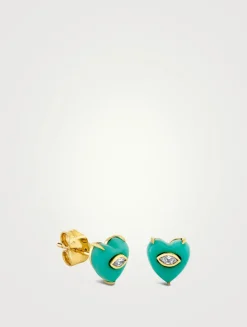 14K Gold Turquoise Eye Heart Stud Earrings With Diamonds