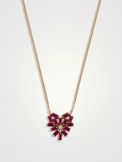 14K Rose Gold Bold Small Ruby Heart Pendant Necklace With Diamonds