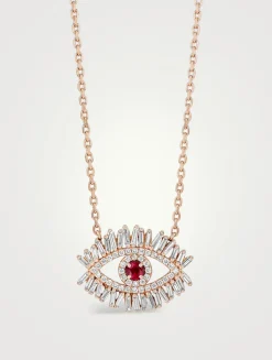 18K Rose Gold Evil Eye Midi Half Pavé Ruby Pendant Necklace