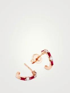 18K Rose Gold Thin Mix Mini Ruby Hoop Earrings