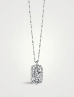 18K White Gold Classic Small Dog Tag Diamond Pendant Necklace