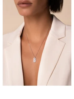 18K White Gold Classic Small Dog Tag Diamond Pendant Necklace