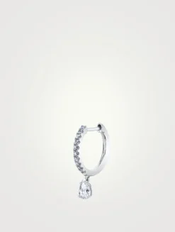 18K White Gold Diamond Huggie Hoop Earring With Pear Diamond Drop