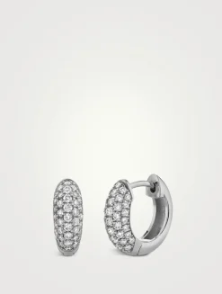 14K White Gold Puffy Huggie Hoop Earrings With Pavé Diamonds