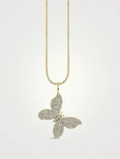 Large 14K Gold Butterfly Pendant Necklace With Pavé Diamonds