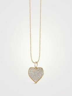 Large 14K Gold Heart Pendant Necklace With Pavé Diamonds