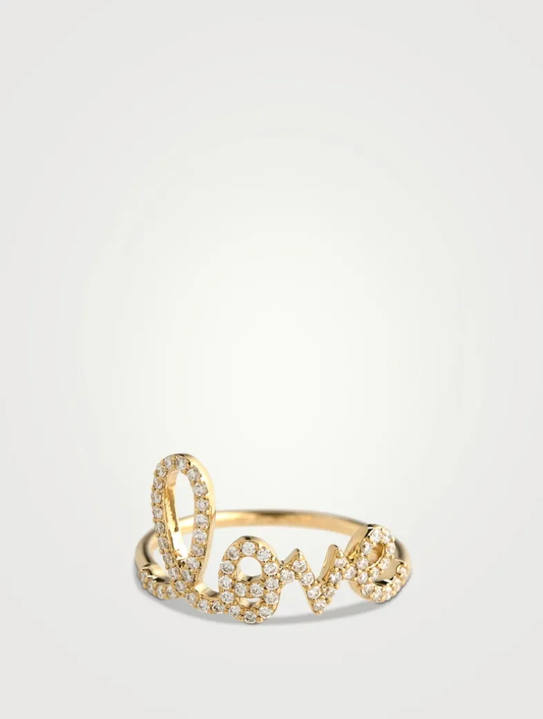 Large 14K Gold Love Script Ring With Diamonds