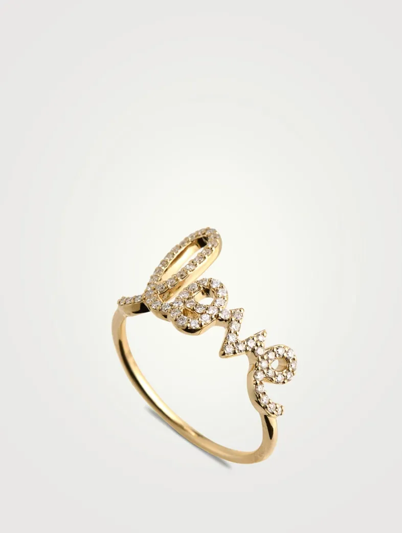 Large 14K Gold Love Script Ring With Diamonds