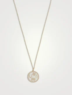 Large 14K Gold Luck Tableau Medallion Necklace With Diamonds
