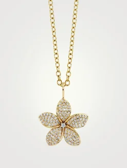 Large 14K Gold Plumeria Pendant Necklace With Diamonds