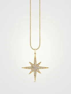 Large 14K Gold Starburst Pendant Necklace With Pavé Diamonds