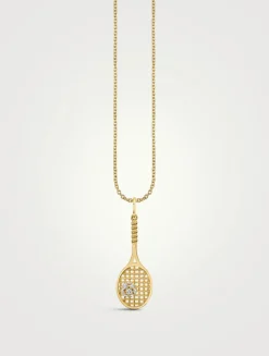Large 14K Gold Tennis Racquet Necklace With Diamonds