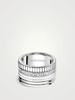 Large Quatre Double White Edition White Gold Ring With White Hyceram And Diamonds