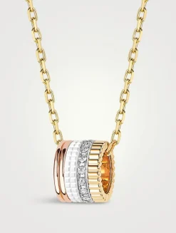 Large Quatre White Edition 18K Gold Pendant Necklace With White Hyceram And Diamonds
