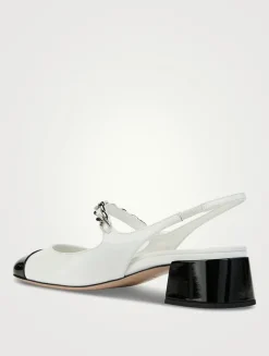 Leather Mary Jane Slingback Pumps With Pearl Chain Strap