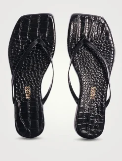 Lily Square-Toe Croc-Embossed Leather Flip-Flops