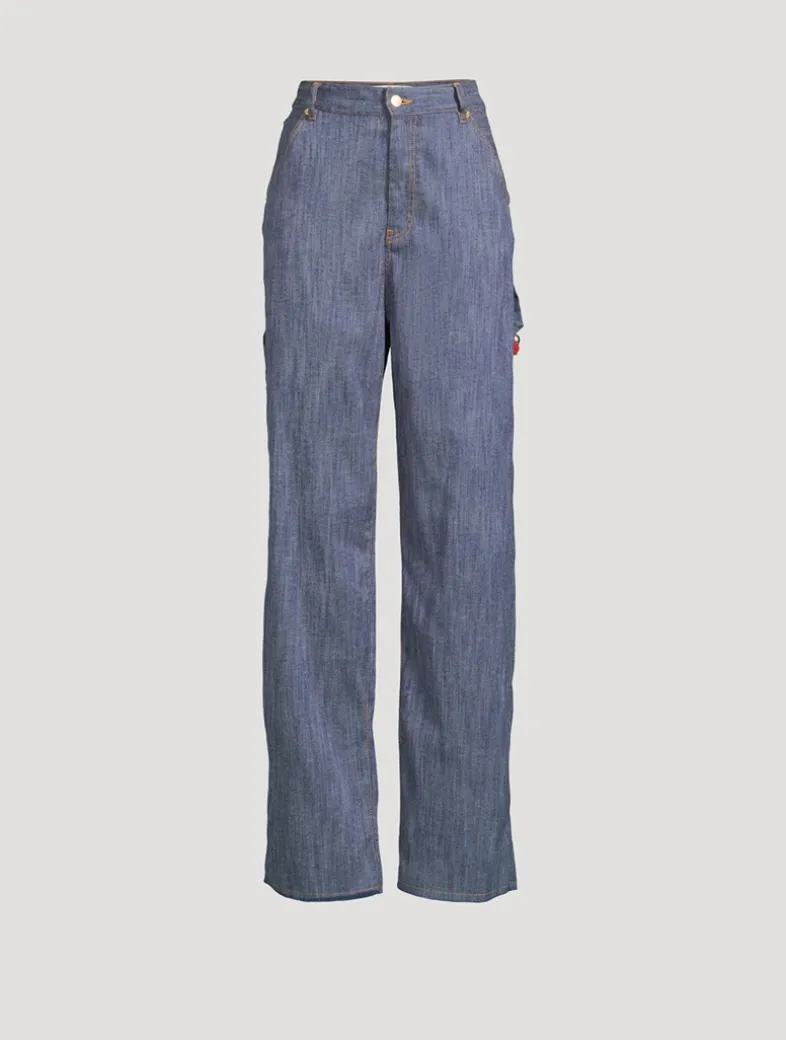 Lisa Wide-Leg Carpenter Jeans with Beaded Chain