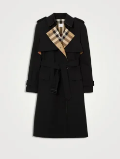 Long Check Lapel Gabardine Trench Coat