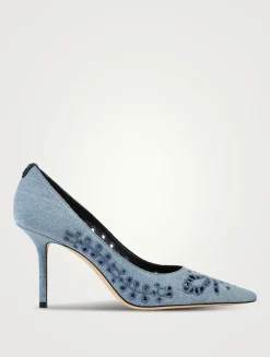 Love Embroidered Denim Pumps