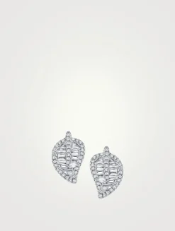 Medium 18K White Gold Leaf Stud Earrings With Diamonds
