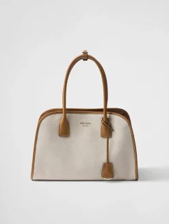 Medium Linen Blend And Leather Tote Bag