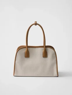 Medium Linen Blend And Leather Tote Bag
