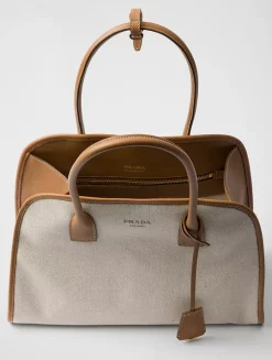 Medium Linen Blend And Leather Tote Bag