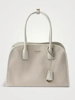 Medium Linen Blend And Leather Tote Bag