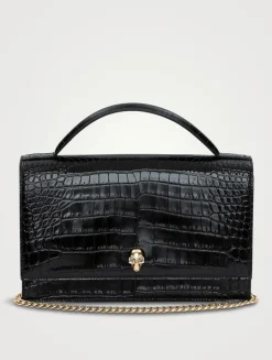 Medium Skull Croc-Embossed Leather Top Handle Bag
