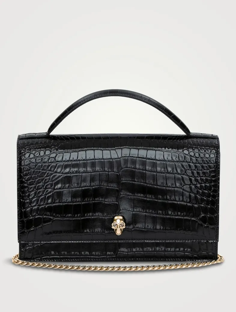 Medium Skull Croc-Embossed Leather Top Handle Bag