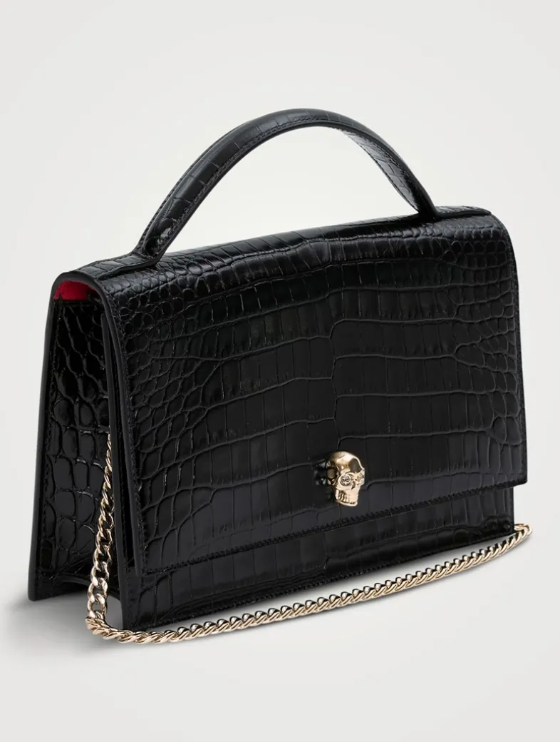 Medium Skull Croc-Embossed Leather Top Handle Bag