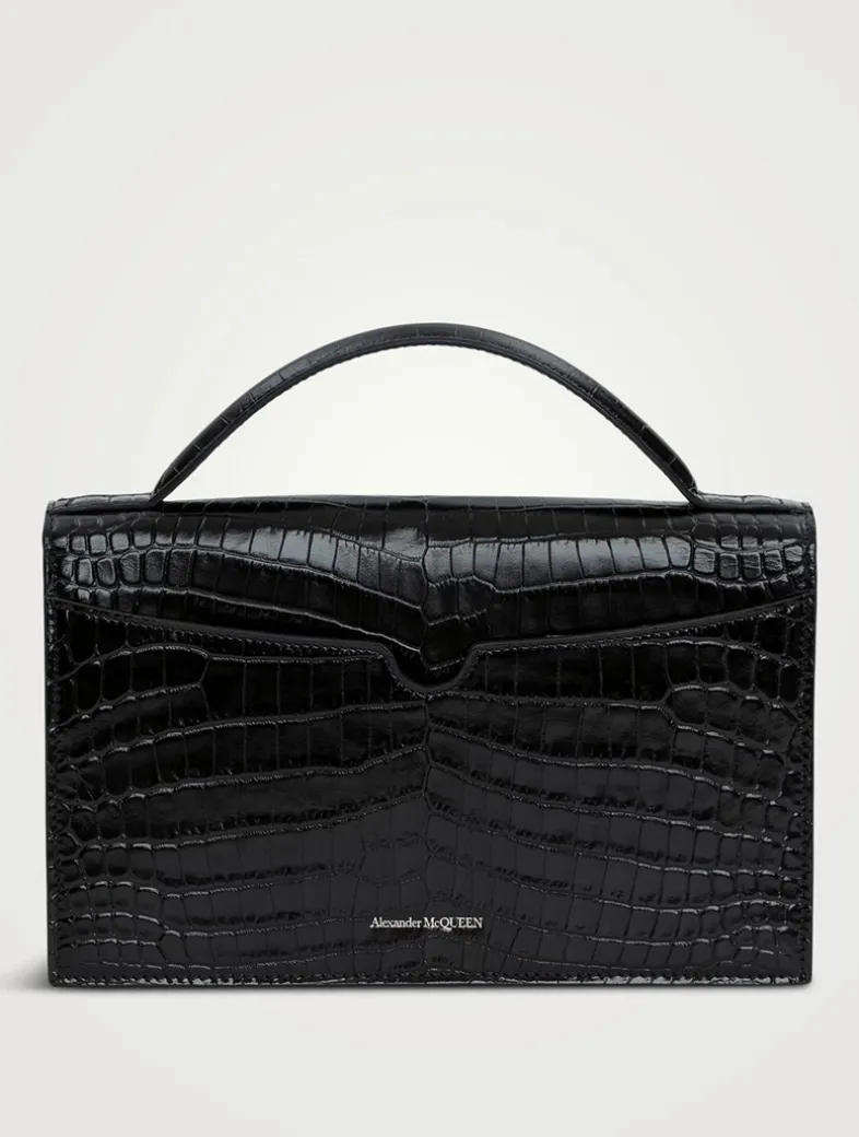 Medium Skull Croc-Embossed Leather Top Handle Bag