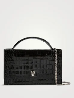 Medium Skull Croc-Embossed Leather Top Handle Bag
