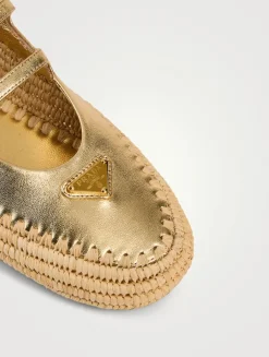 Metallic Leather And Raffia Ballerinas