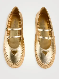 Metallic Leather And Raffia Ballerinas