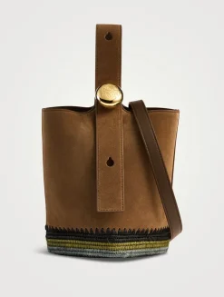 Mini Pebble Raffia-Trimmed Leather Bucket Bag