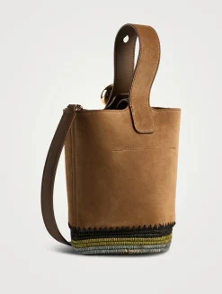 Mini Pebble Raffia-Trimmed Leather Bucket Bag