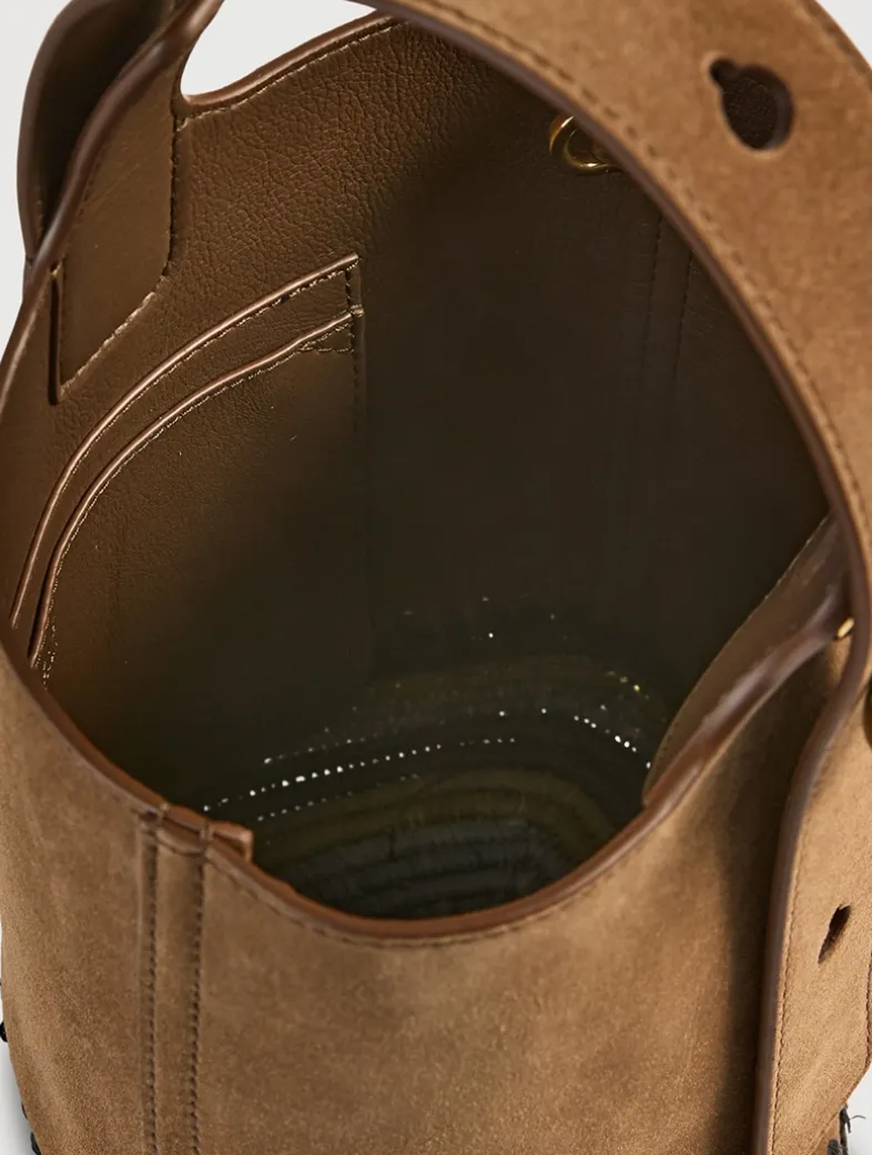 Mini Pebble Raffia-Trimmed Leather Bucket Bag