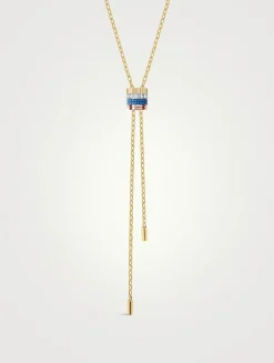 Mini Quatre Blue Edition Gold Lariat Tie Necklace With Ceramic And Diamonds