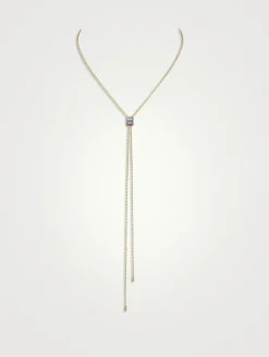 Mini Quatre Blue Edition Gold Lariat Tie Necklace With Ceramic And Diamonds