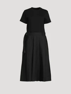 Mixed-Media Belted Midi Dress