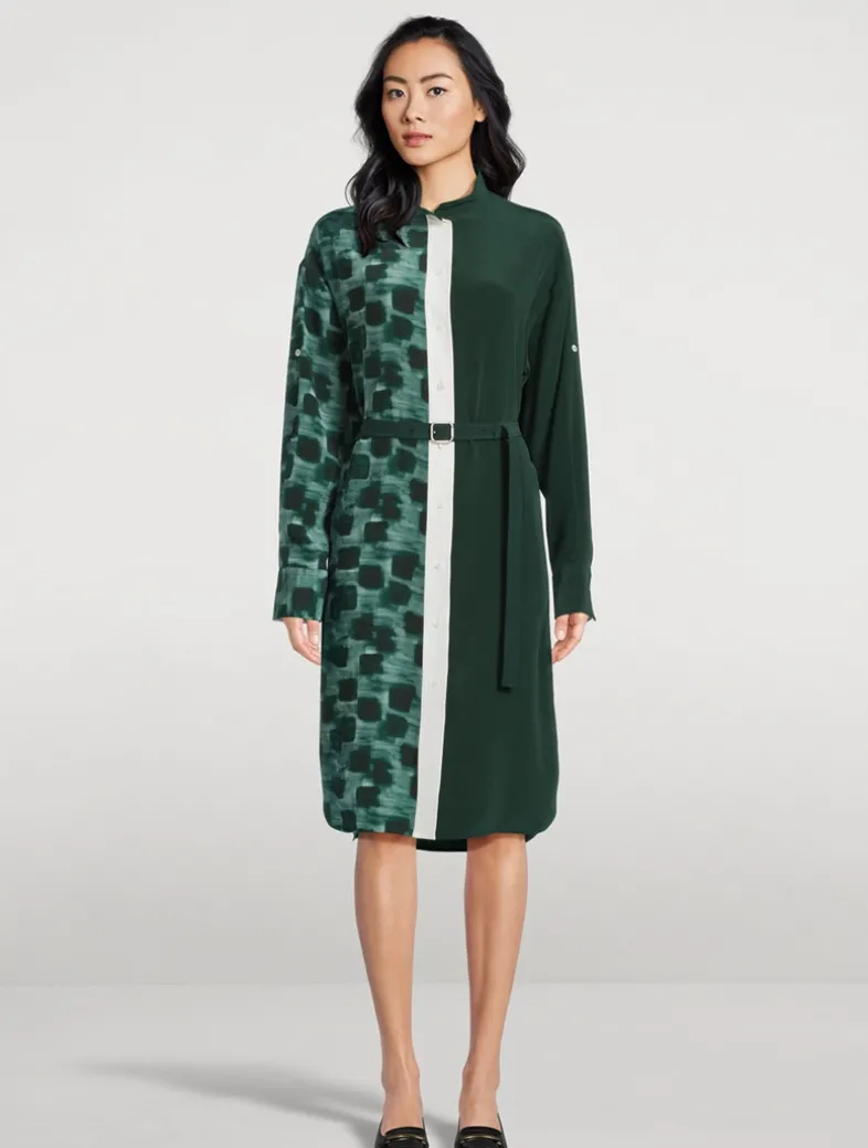 Mixed-Print Silk Shirt Dress