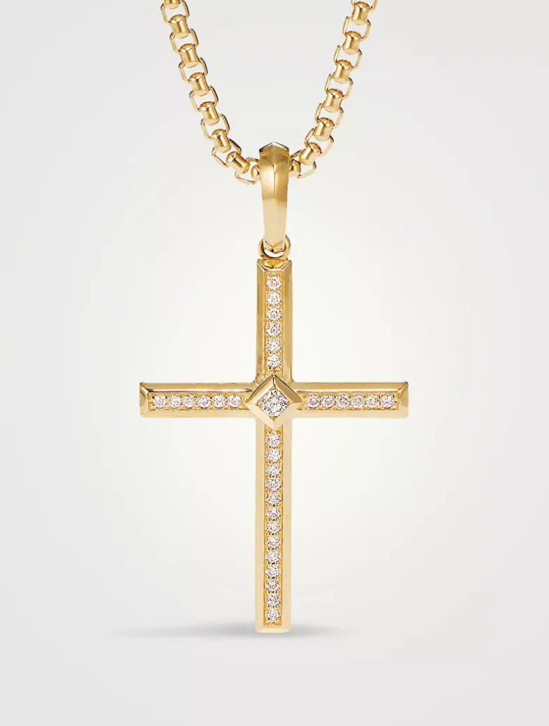 Modern Renaissance Cross Pendant In 18k Yellow Gold With Pavé Diamonds