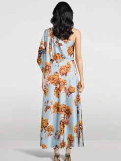 One-Shoulder Silk Twill Midi Dress In Peony Print
