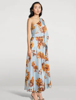 One-Shoulder Silk Twill Midi Dress In Peony Print